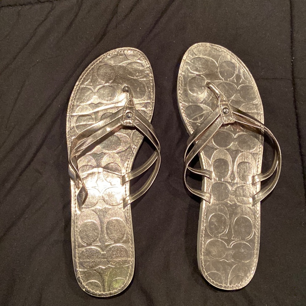 Double strap metallic platinum Coach thong sandals